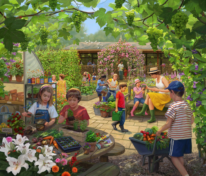 Childrens botanical vegetable garden illustration for a jigsaw by Daniel Rodgers