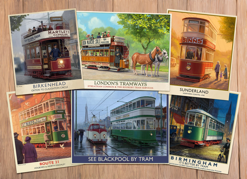 Vintage trams illustration for a jigsaw by Daniel Rodgers
