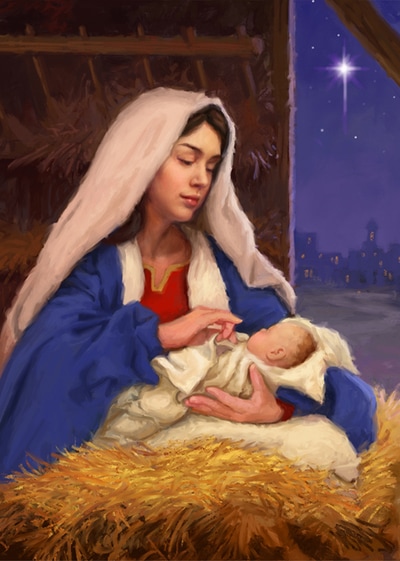 Greetings card illustration of nativity Madonna and child by Daniel Rodgers
