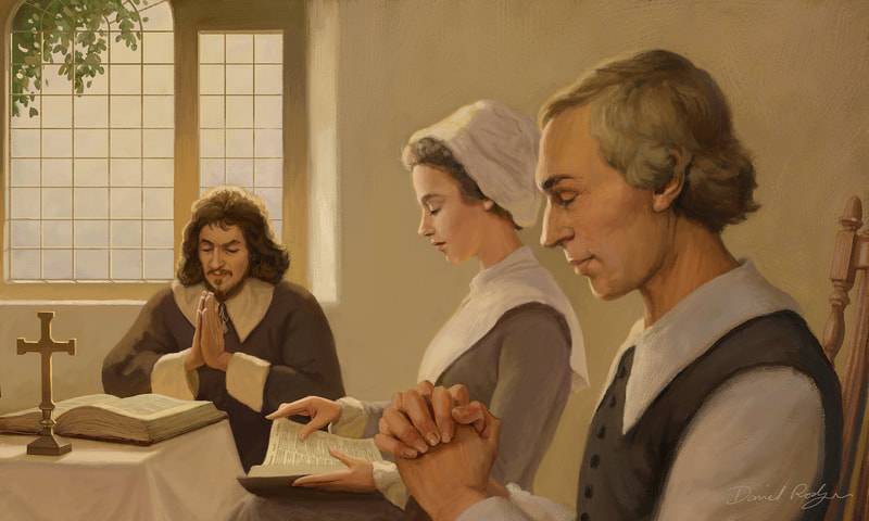 Illustration of Puritans at prayer for Hodder and Stoughton books