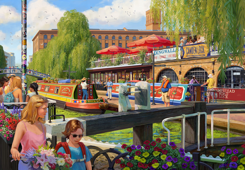 Camden lock canal boat jigsaw illustration for Falcon puzzles range by Daniel Rodgers