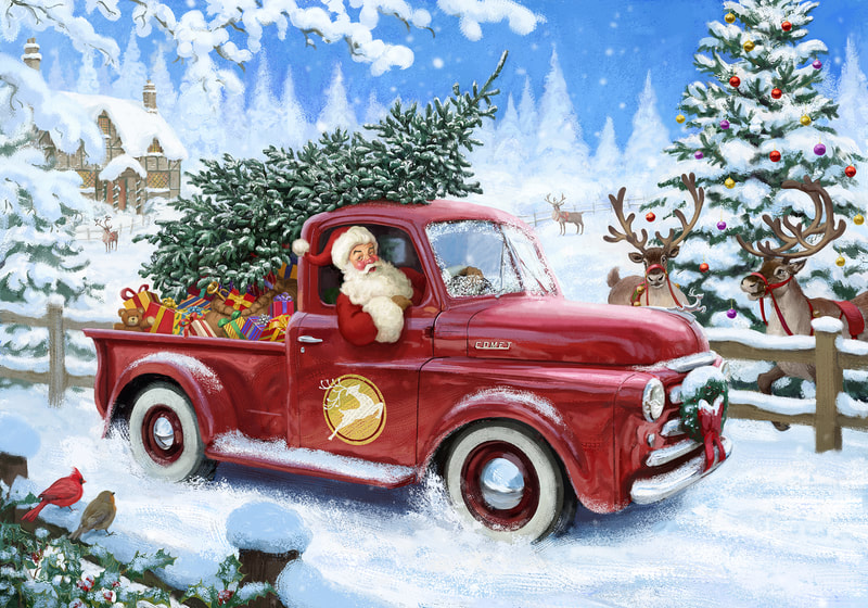 Santa driving his red comet delivery truck at the north pole while reindeer look on illustration by Daniel Rodgers