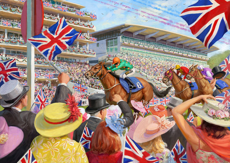 Queen's jubilee Epsom Derby jigsaw illustration by Daniel Rodgers for Gibsons Games