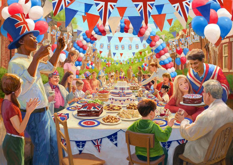 Queen's Jubilee street party jigsaw illustration for Gibson Games by Daniel Rodgers